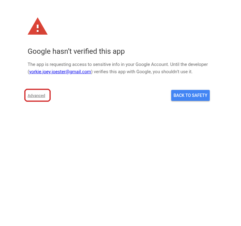 Google 'hasn't verified this app' screen with the Advanced link highlighted