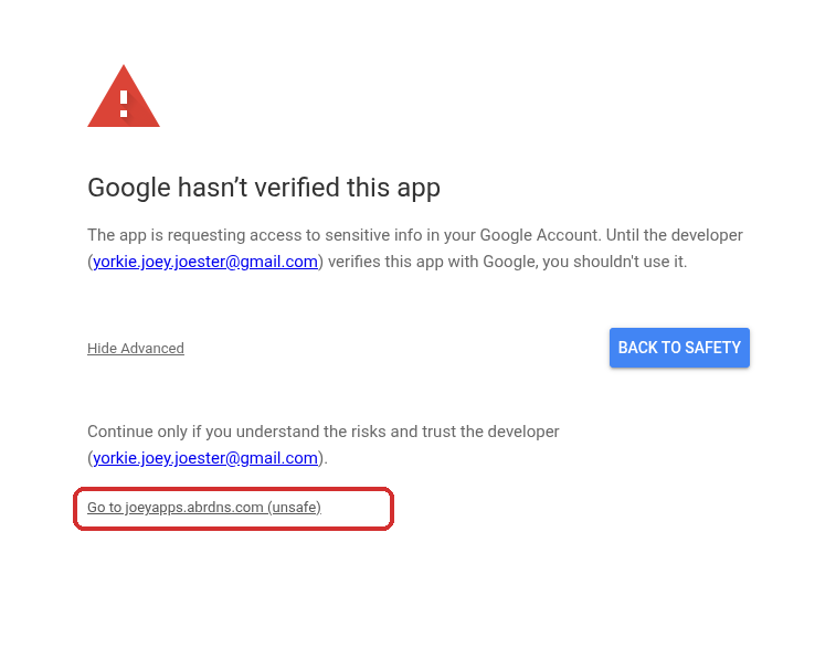 Expanded warning with the 'Go to joeyapps.abrdns.com (unsafe)' link highlighted