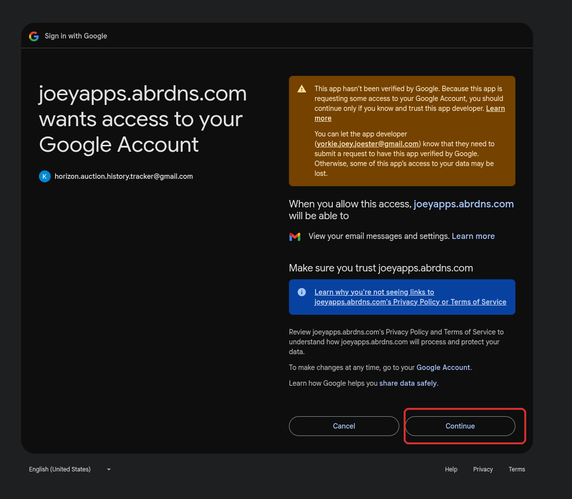Google consent screen with the Continue button highlighted